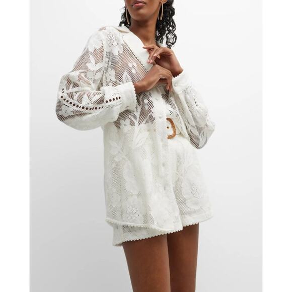 HEMANT & NANDITA Chemical Lace Button Front Shirt White Floral Women's XS - Picture 4 of 13